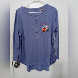 Caite long sleeve Handcrafted Floral Embroidery Distressed Blouse scalloped hem